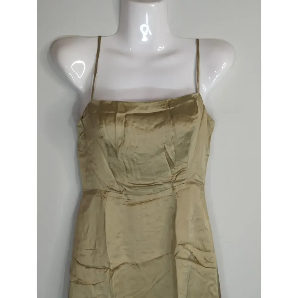 Aritzia Wilfred‎ Tan Skye Satin Spaghetti Strap Smocked Soft Mini Dress Womens 2